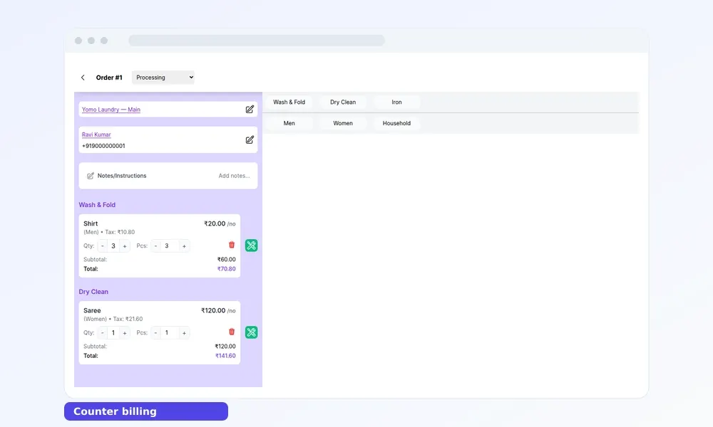 Yomo Laundry product walkthrough — counter billing, GST invoice and the customer app